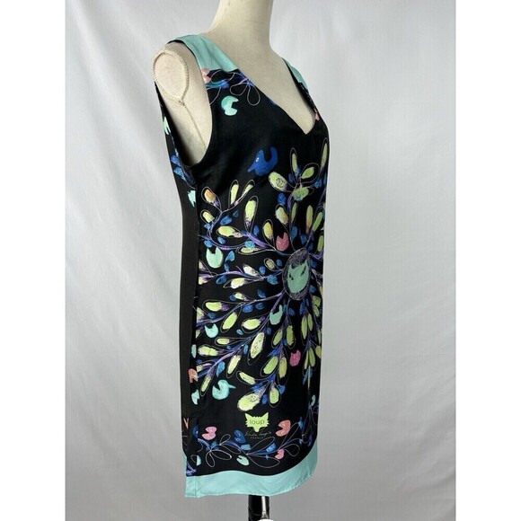 Loup Silk Dress 42 Black Bright Print V-neck Midi Side Zip Sleeveless French - Picture 2 of 13